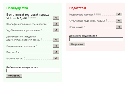 Характеристики хостинга в две колонки